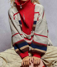 POL Long Sleeve Quarter Zip Sweater in red multi - women's sweater - detail view