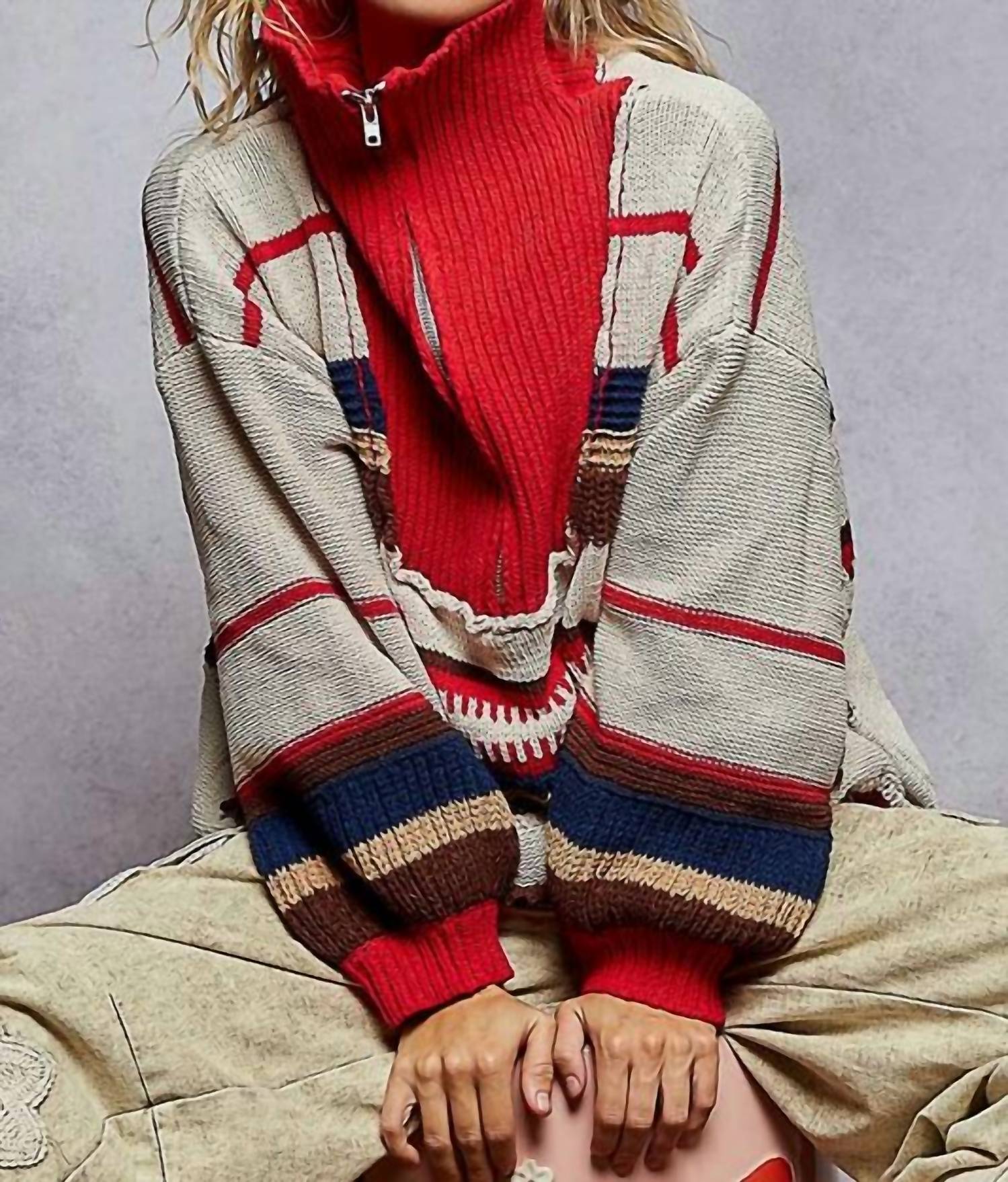 POL Long Sleeve Quarter Zip Sweater in red multi - women's sweater - detail view