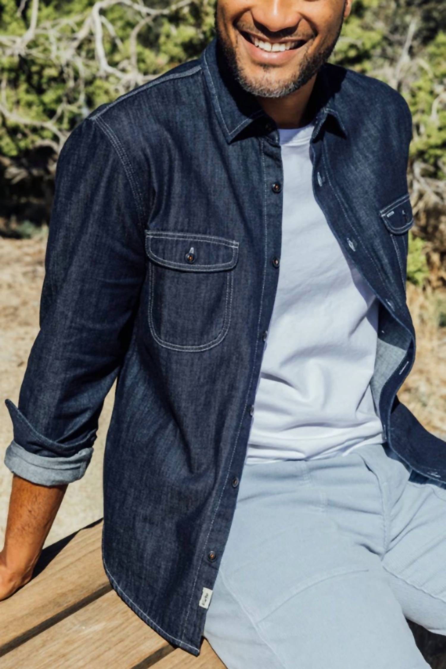 Hiroshi Kato Brace Rugged Vintage Workwear Shirt in indigo - men's long sleeve top - alternate view