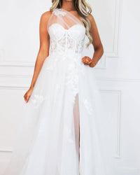 Andrea & Leo Couture - Garden Wedding One Shoulder Floral Applique Tulle Dress