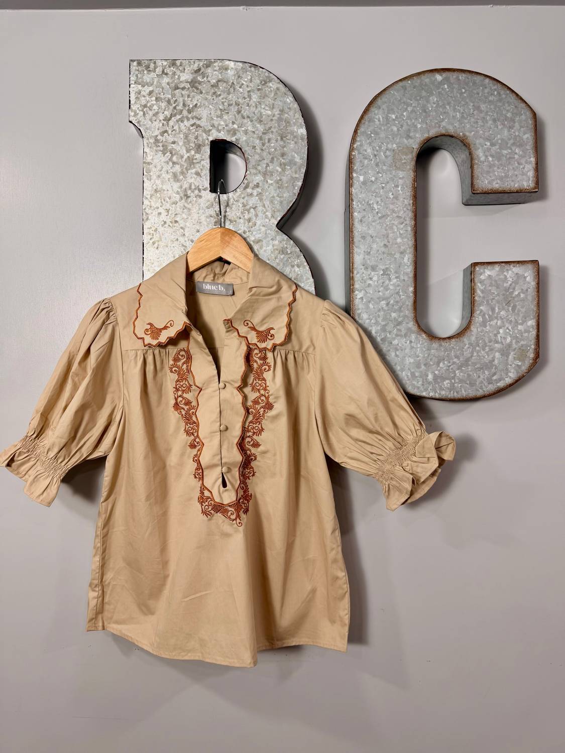 Blue B Women's Sarah Embroidered Top in taupe - women's blouse