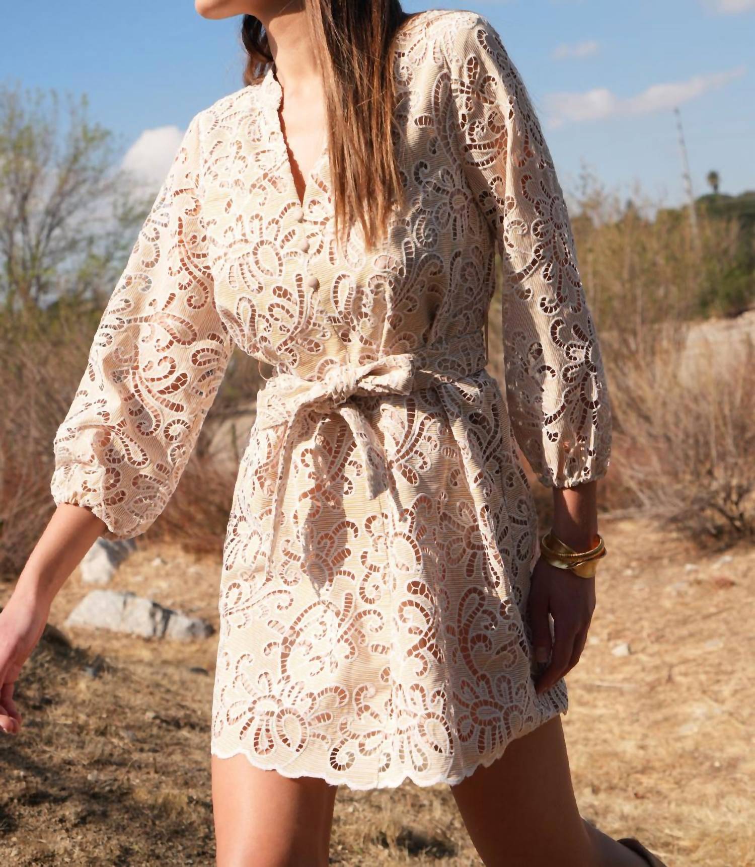 Adelyn Rae - Lina Embroidered Eyelet Scalloped Belted Dress