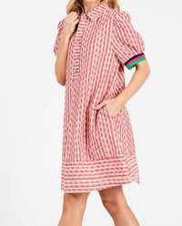 Sewn And Seen - Striped Floral Collared Puff Sleeve Mini Dress