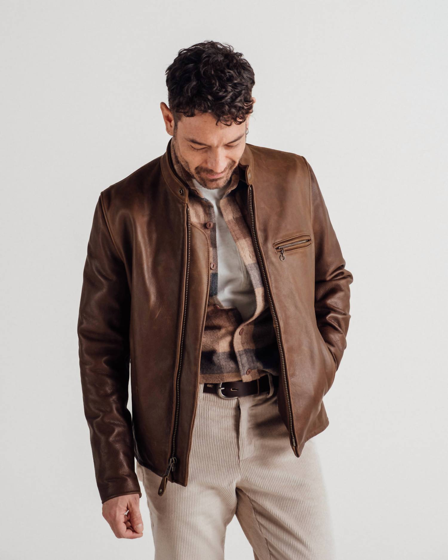 Schott N.Y.C. - Waxed Natural Pebbled Cowhide Cafe Racer Jacket