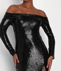 Lulus - Icon Sequin Off-shoulder Long Sleeve Maxi Dress