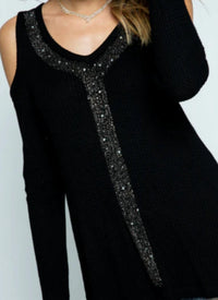 VOCAL APPAREL Cold Shoulder Top With Bling Waffle Texture Fabric in black - women's blouse - detail view