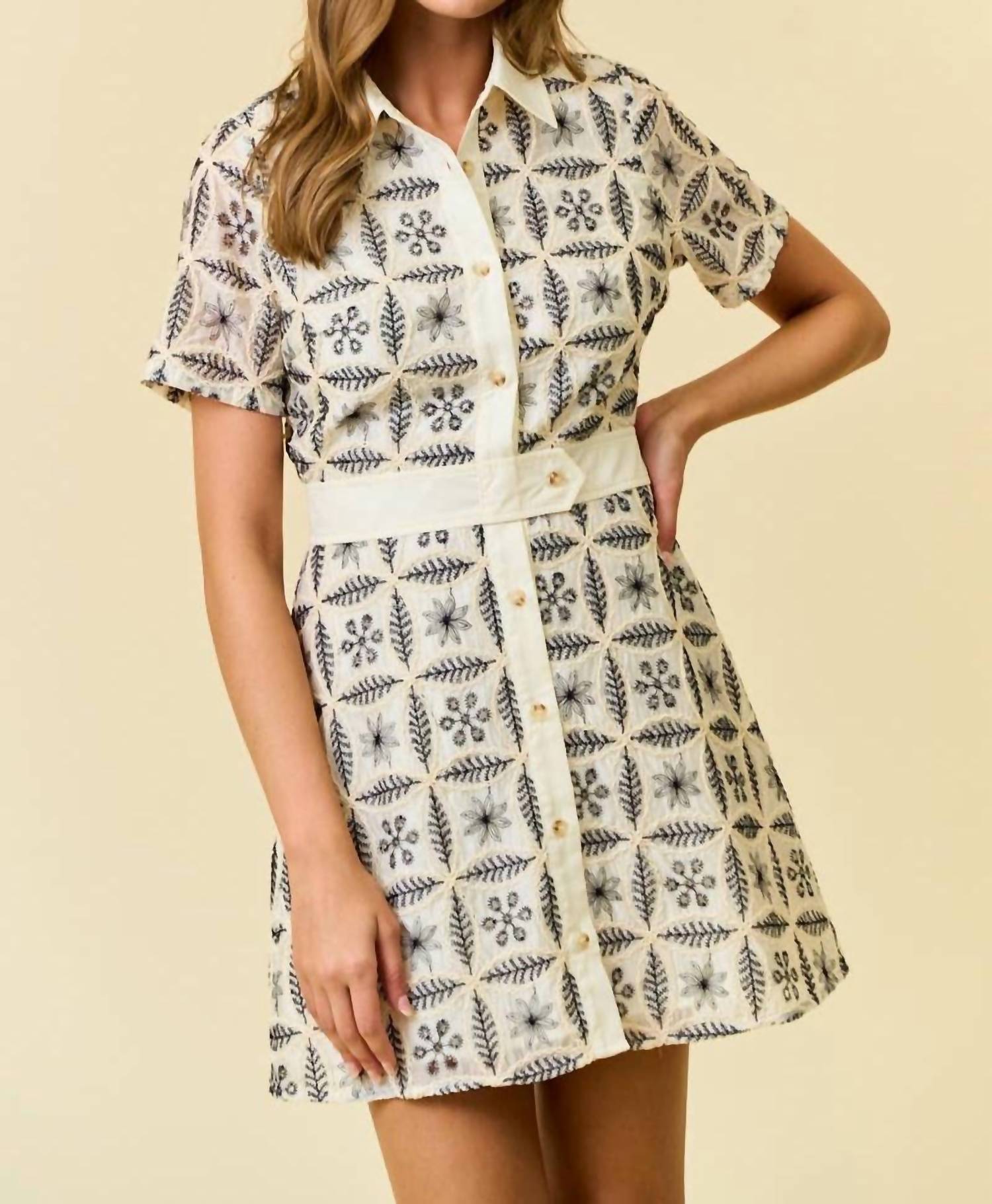 Doe And Rae - Embroidered Mini Shirt Dress With Contrast Collar