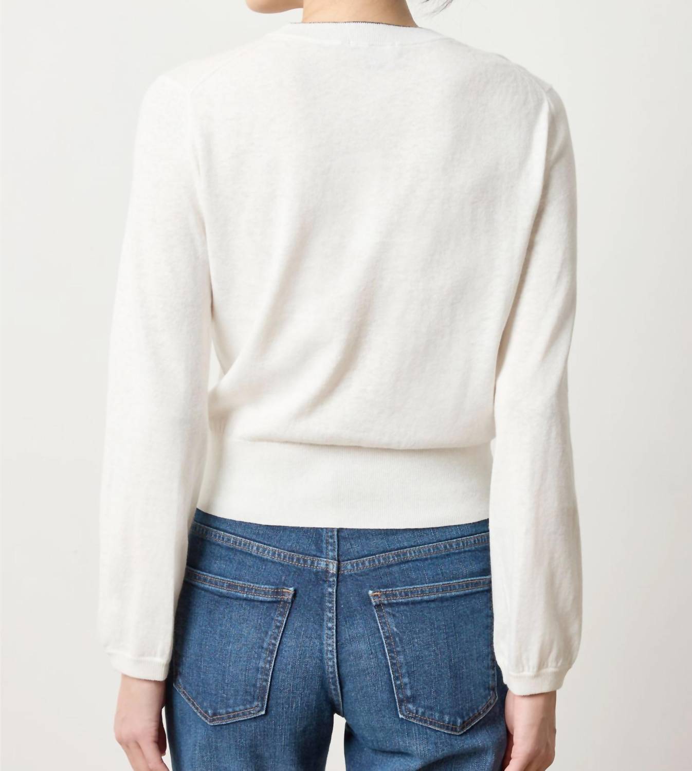 Lilla P Pleated Sleeve Crewneck Sweater in pearl 1 - women's sweater - detail view