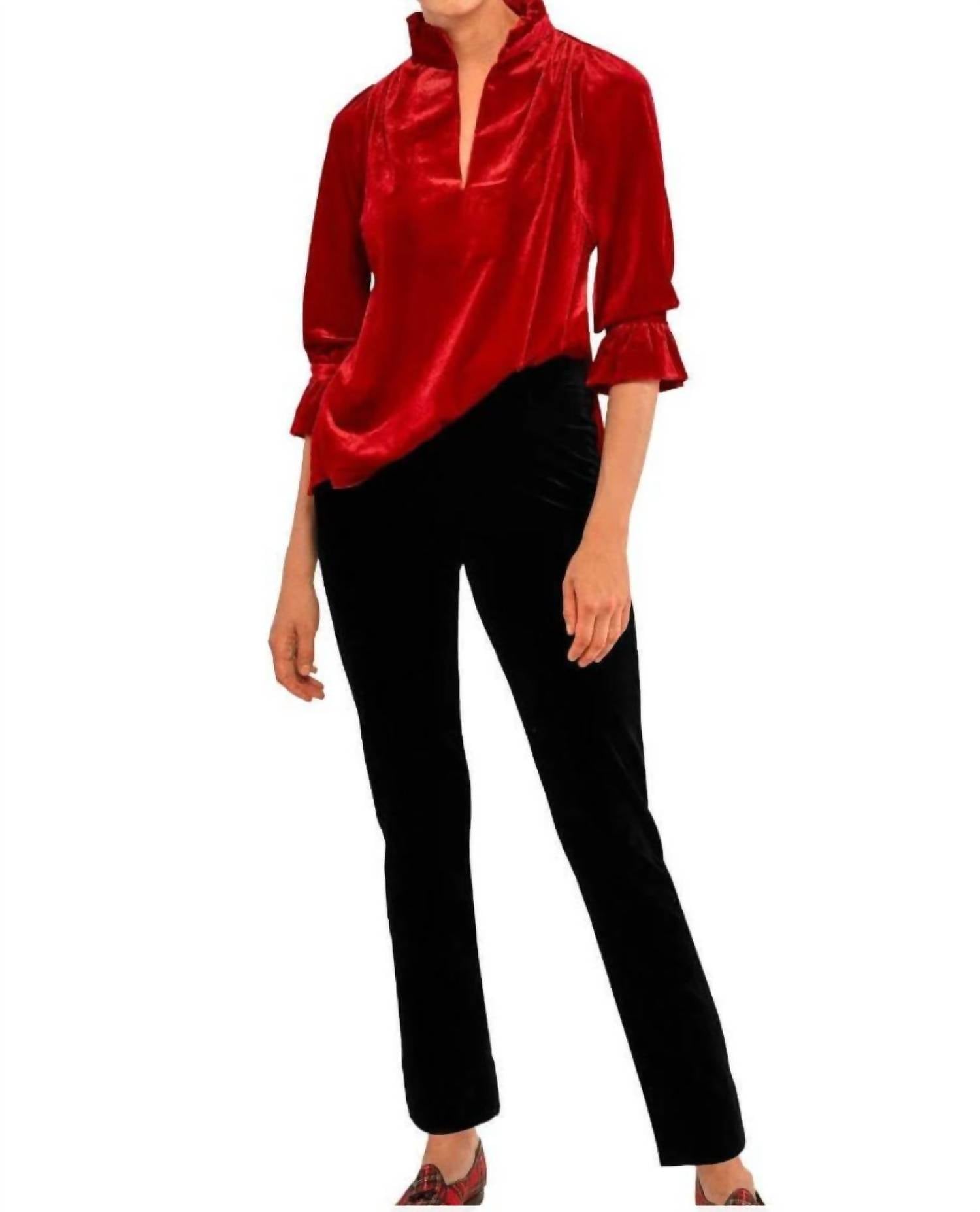 Gretchen Scott - Ruffle Neck Velvet Tunic Top