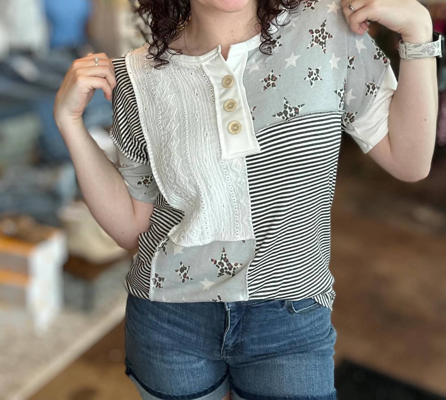 7Th Ray - Leopard Star Patchwork Top