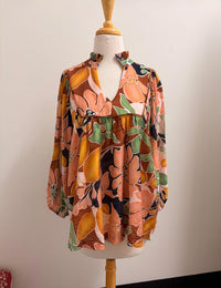 Umgee - Abstract Floral Print Blouse With Ruffle Neck