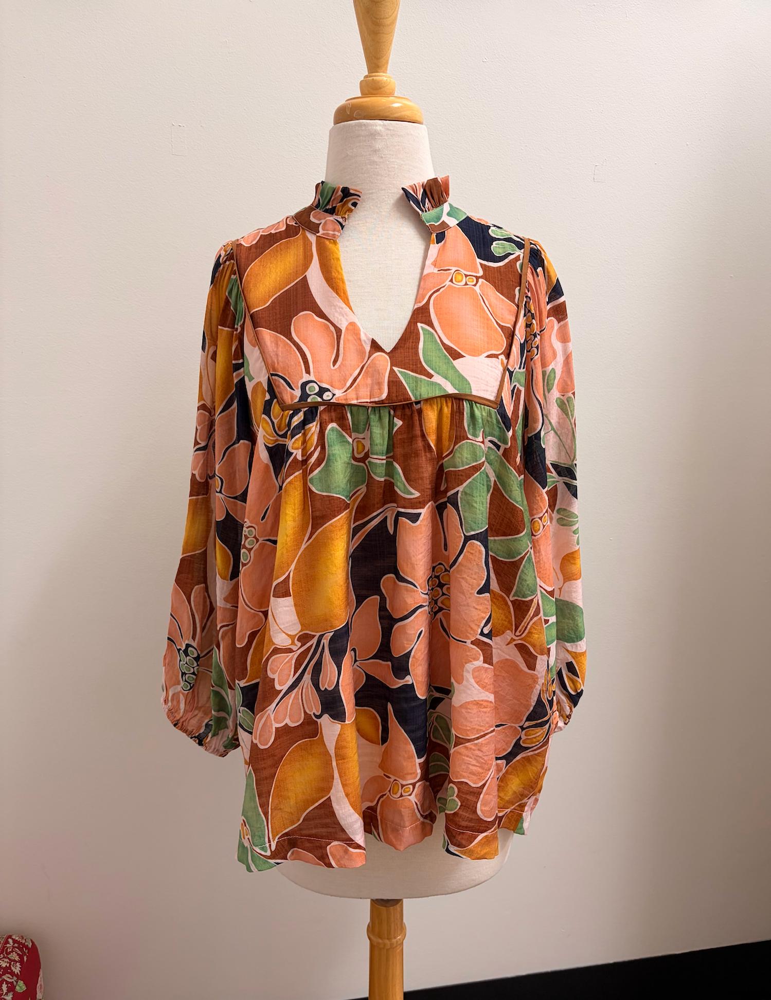 Umgee - Abstract Floral Print Blouse With Ruffle Neck