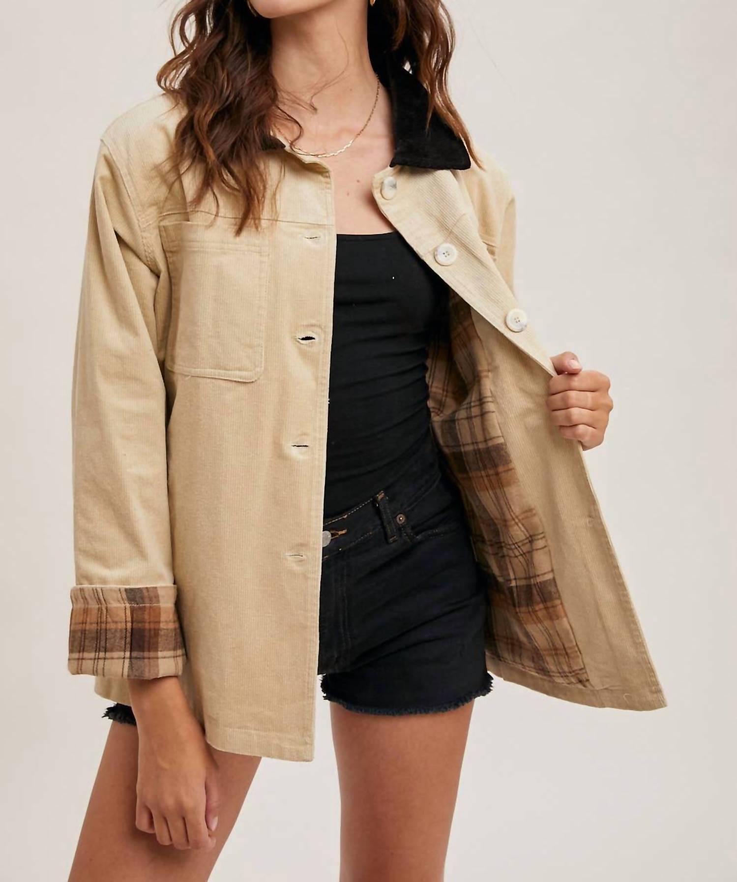 Bluivy - Inner Plaid Corduroy Button Down Barn Coat