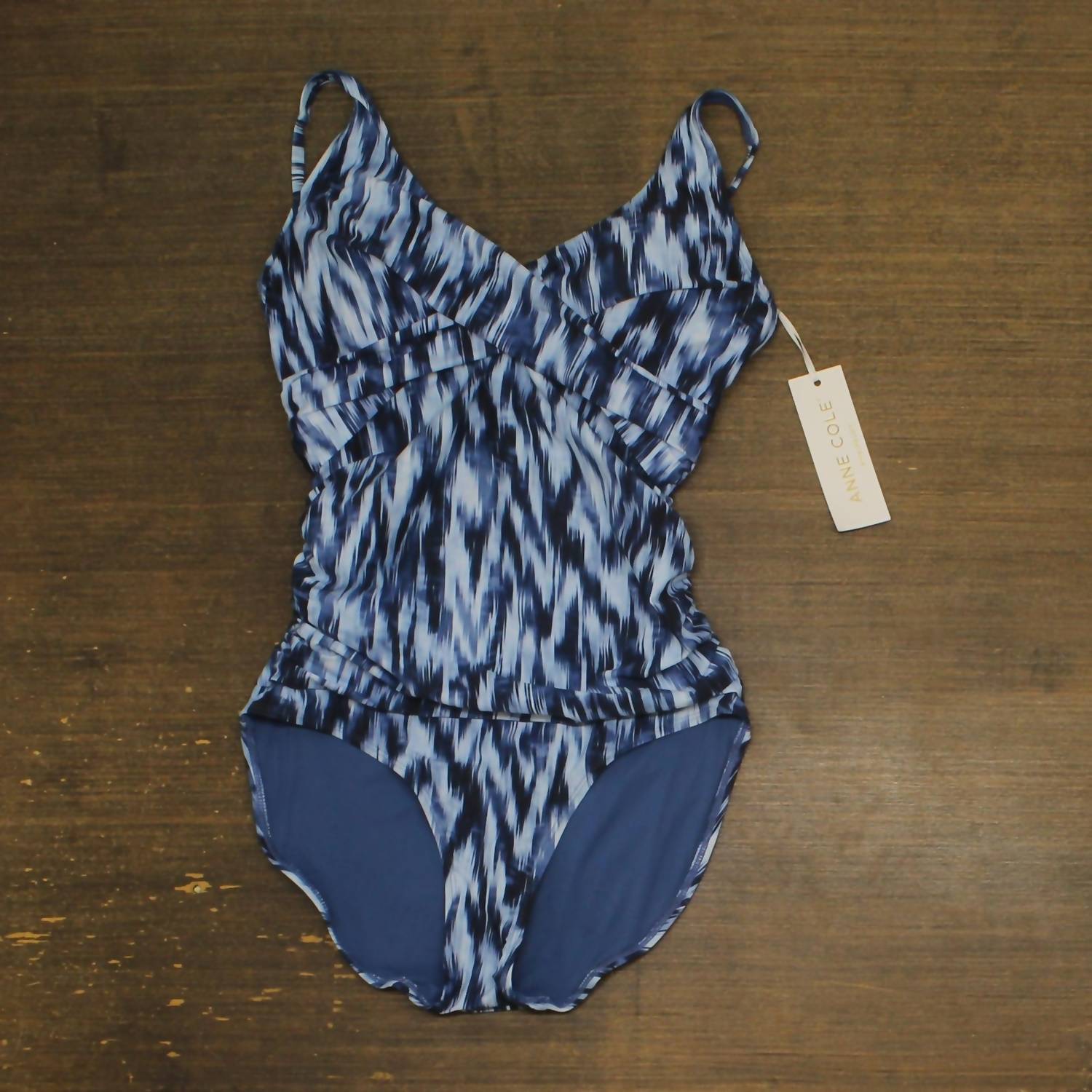Anne Cole Ikat Hidden Underwire Drape Front One Piece Swimsuit in blue white - women's swimwear - detail view