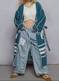 POL Long Floral Wrap Cardigan With Belt in blue - women's cardigan