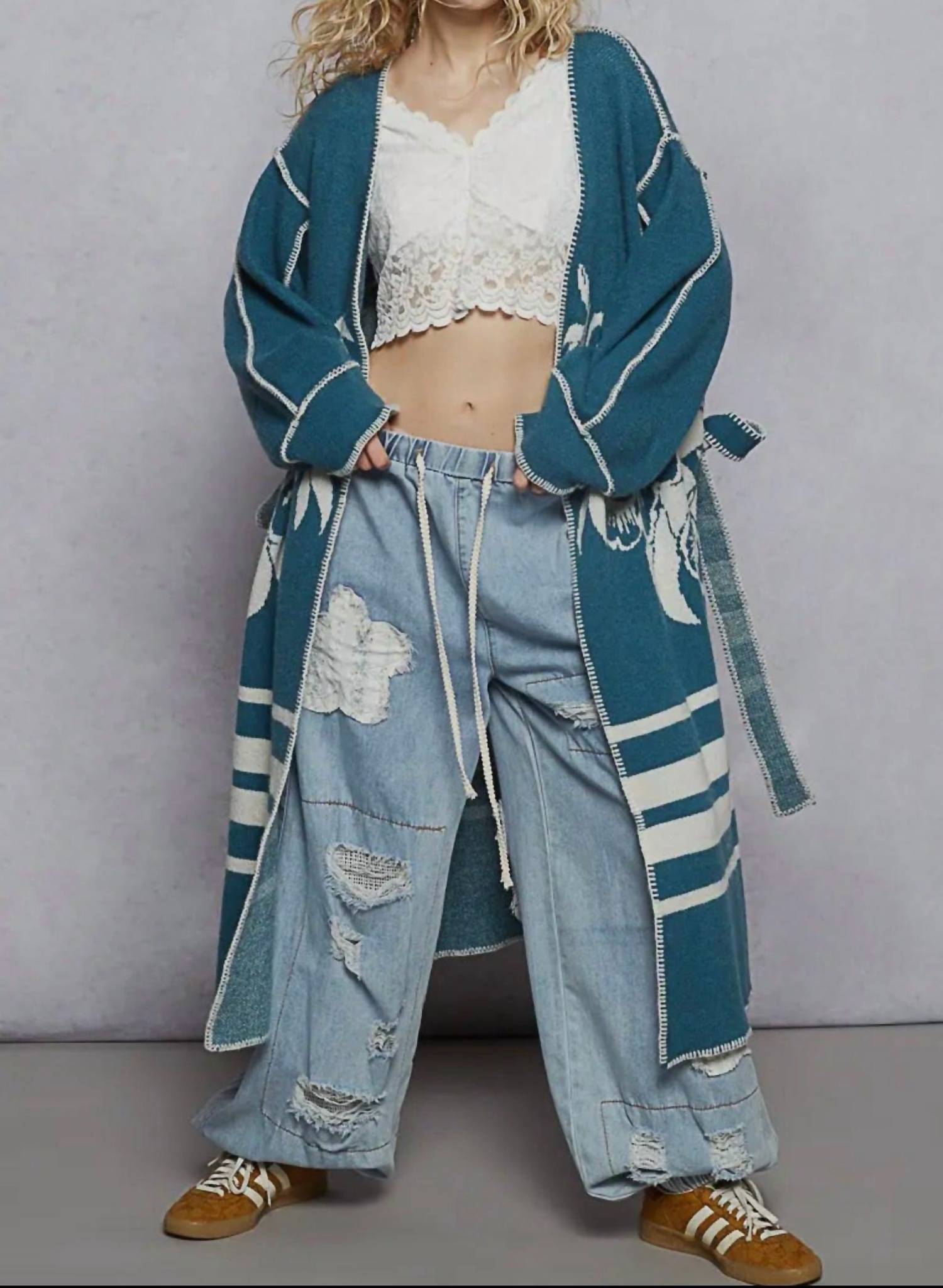 POL Long Floral Wrap Cardigan With Belt in blue - women's cardigan