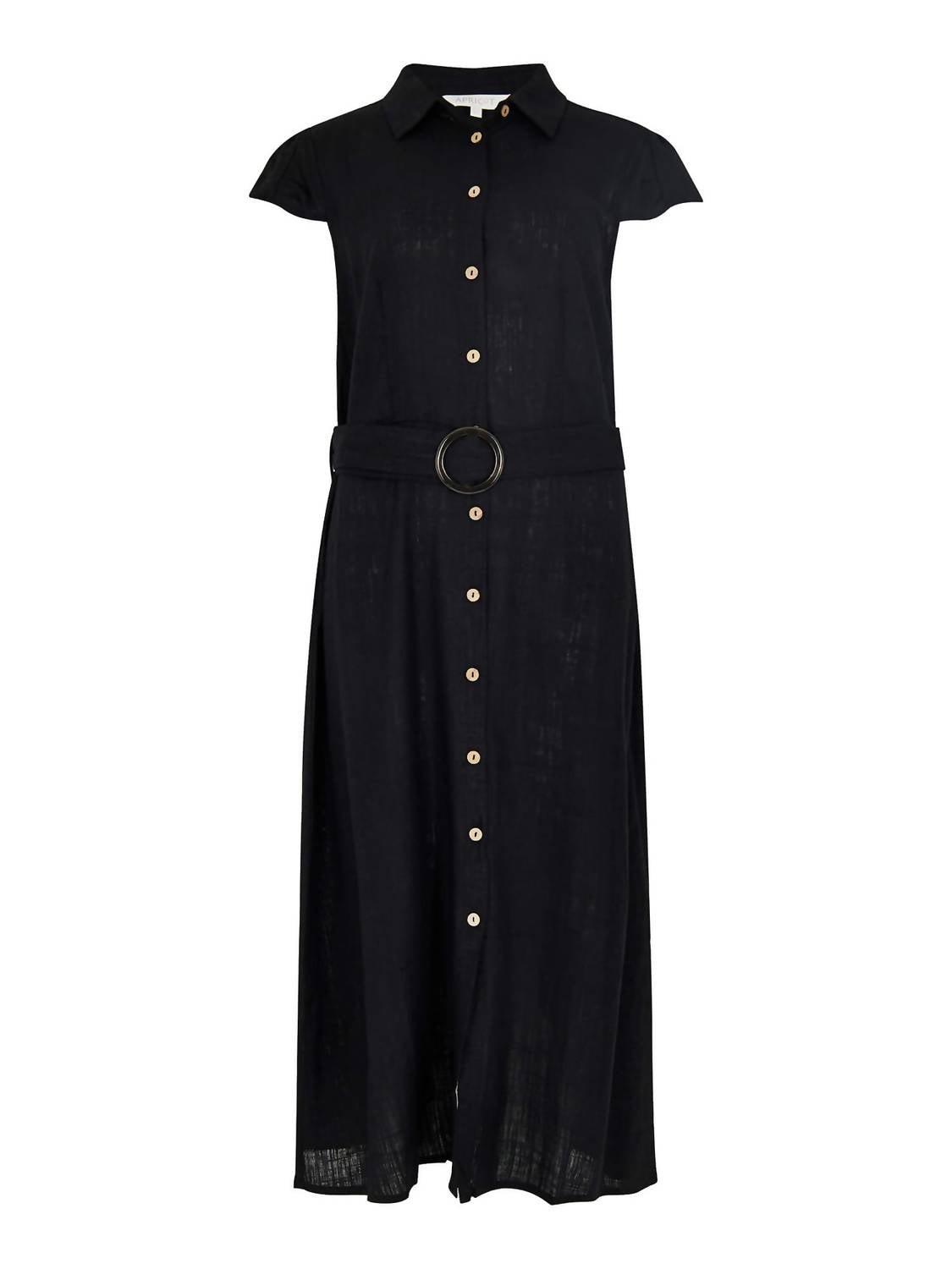 Apricot - Linen Blend Belted Shirt Midi Dress
