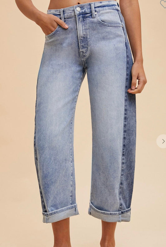 Anniewear - Two Tone Side Panel Stretch Barrel Leg Crop Jean