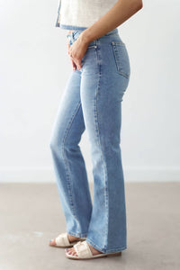 JUST BLACK DENIM Rory Low Rise Slim Bootcut Jeans in light denim - women's jeans - detail view
