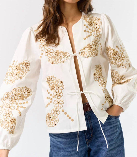 Lalavon - Floral Embroidered Front Tie Top