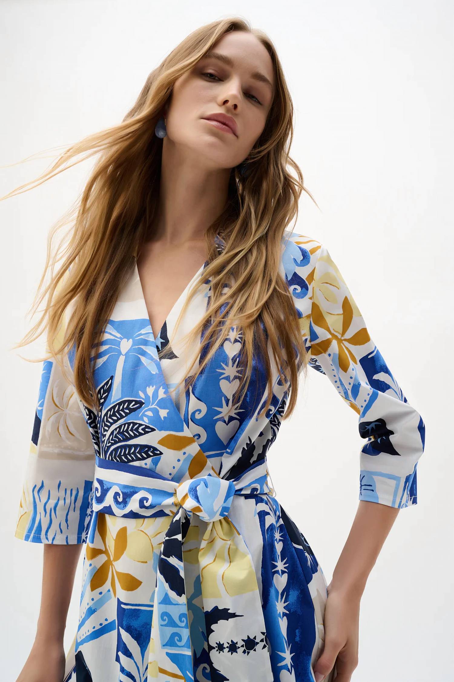 Joseph Ribkoff - Stretch Cotton Tropical Print A-line Wrap Dress