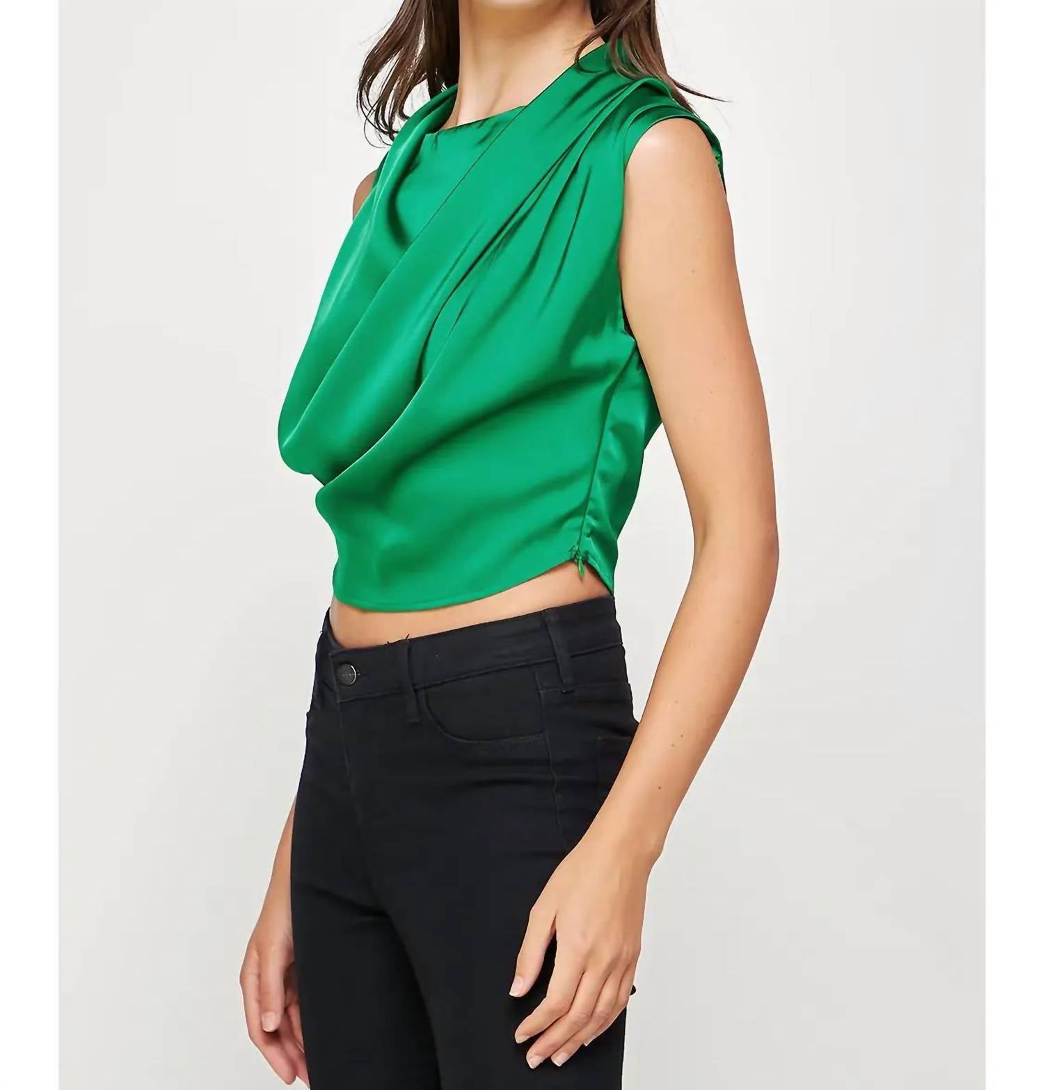 Strut & Bolt High Cowl Neck Satin Top in green - women's shirt - alternate view