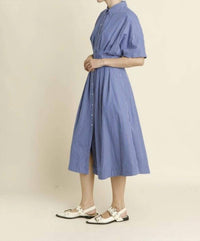 Aureum - Short Sleeve Buttoned Pleated Midi Dress