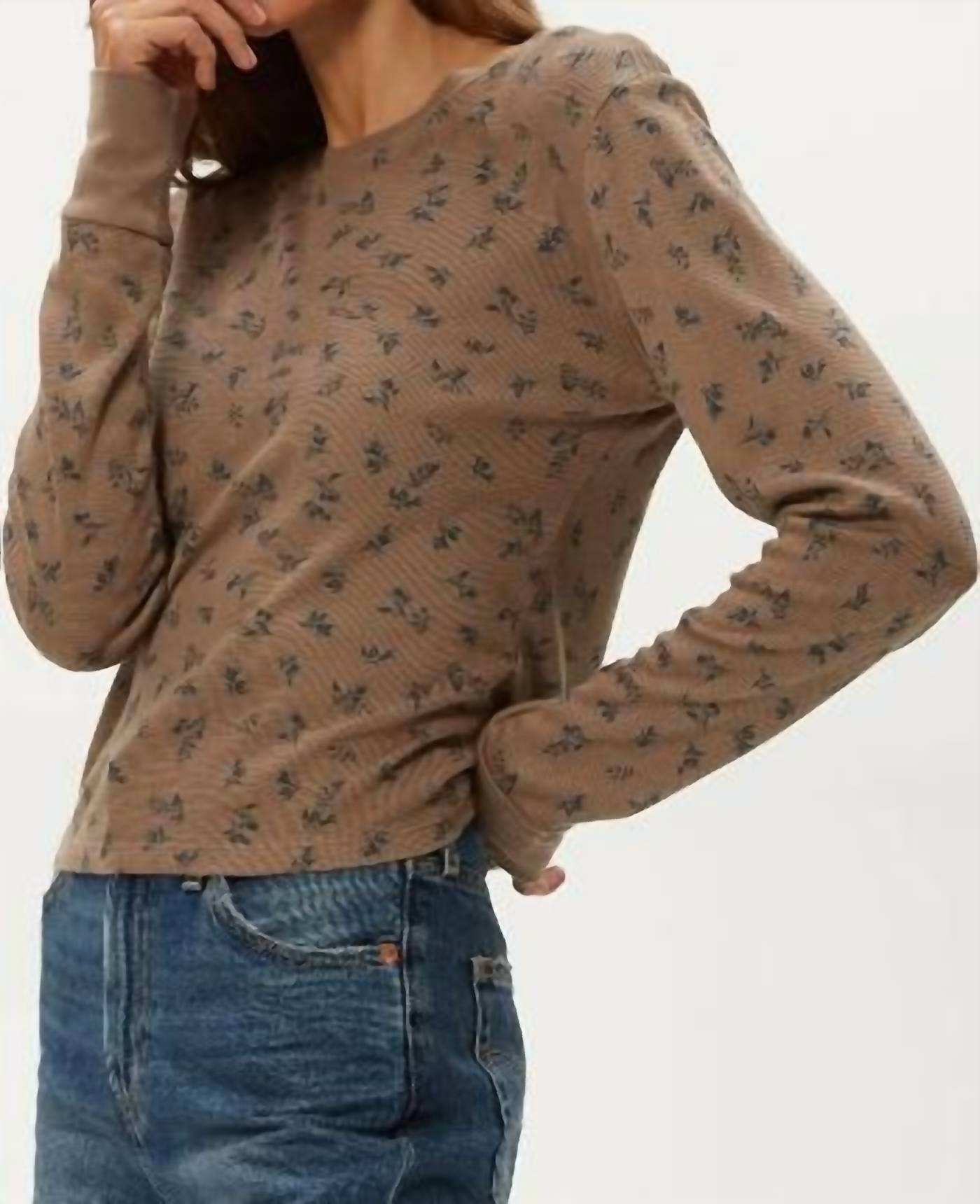 Michael Stars Palmer Floral Thermal Crew Tee in cobblestone - women's long sleeve top - detail view