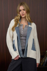 Blu Pepper Cable Knit With Denim Detail Sweater Jacket in cream - women's jacket