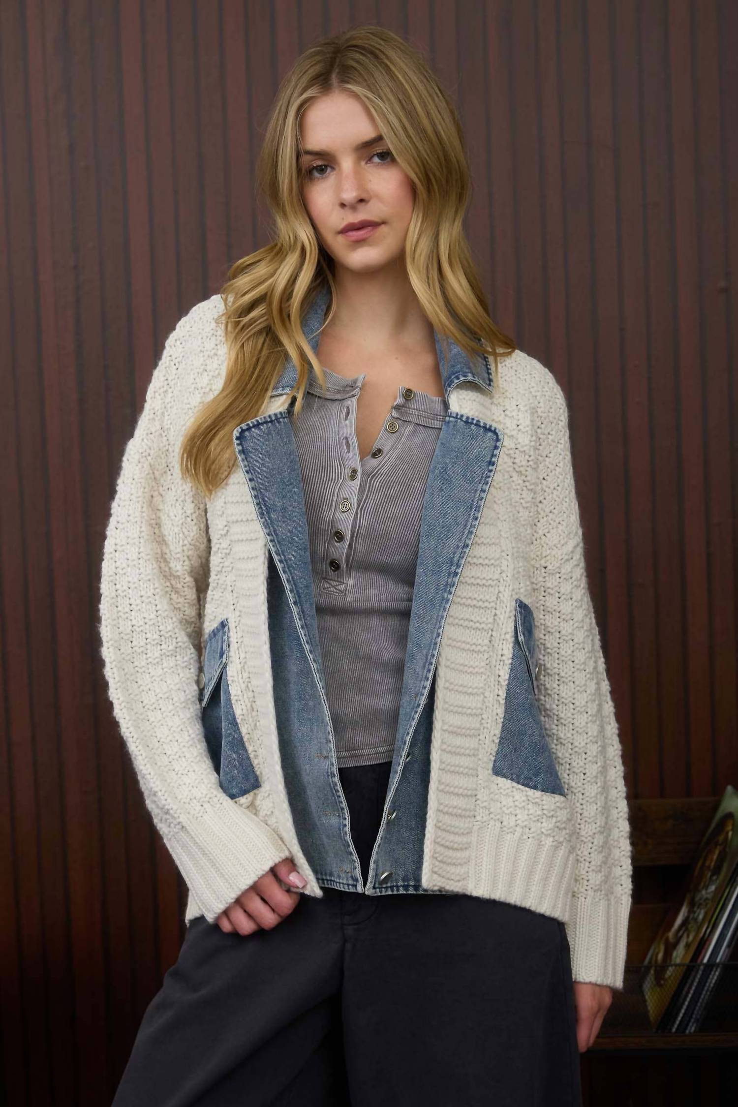 Blu Pepper Cable Knit With Denim Detail Sweater Jacket in cream - women's jacket