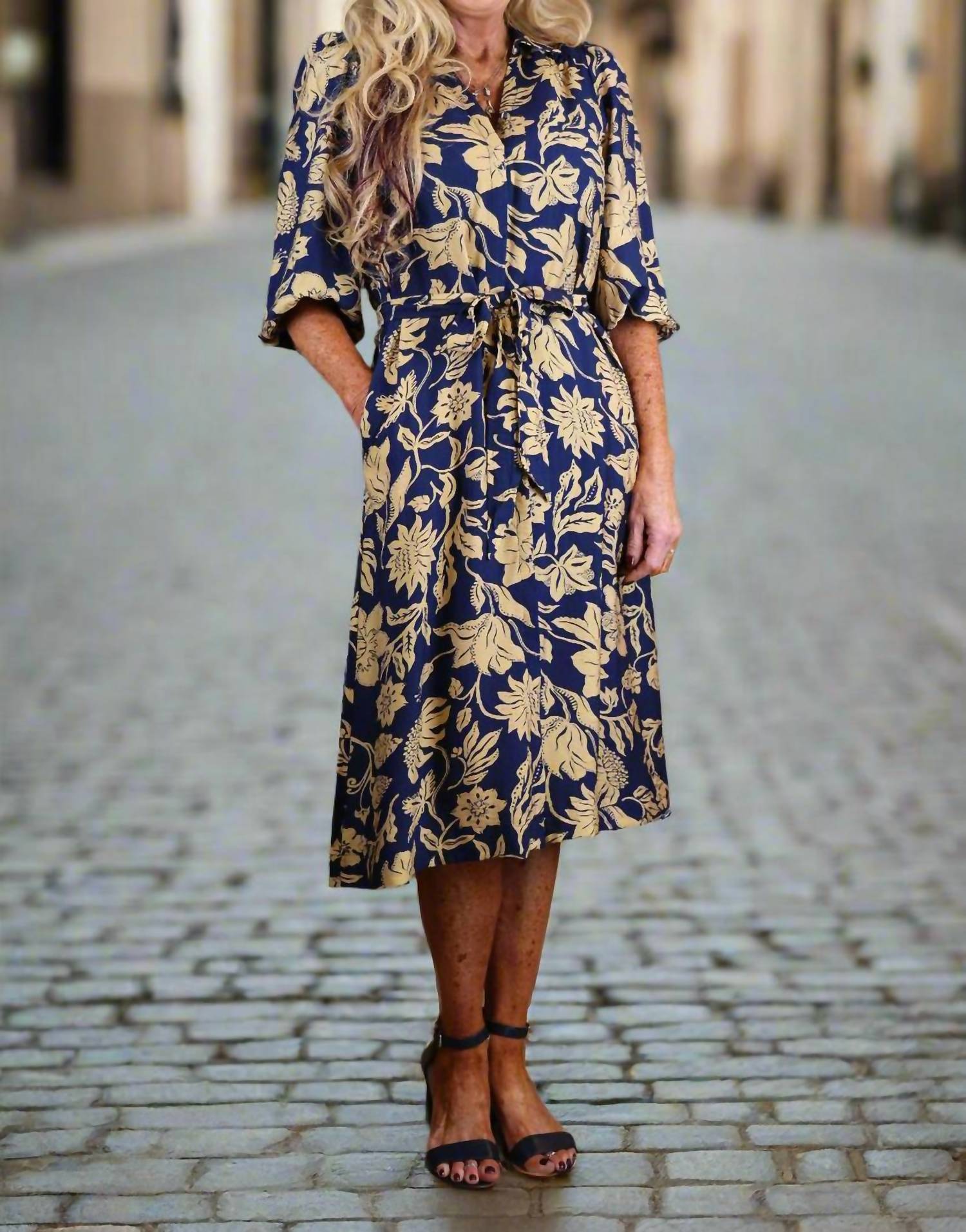 Umgee - Floral Print Midi Dress With Waist Tie