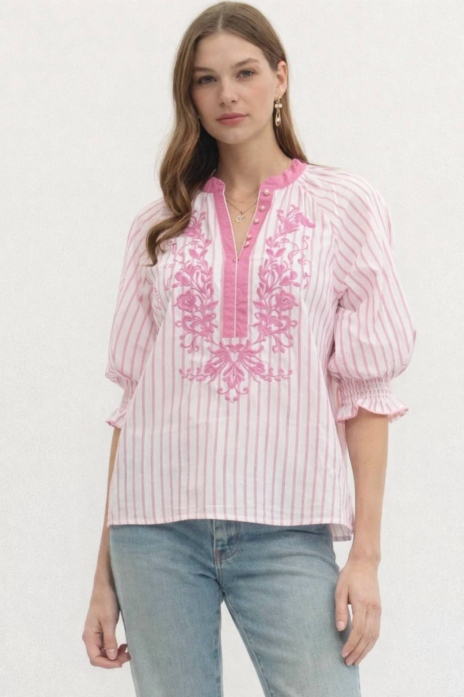 Entro - Stripe Puff Sleeve Top