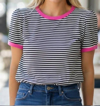 Stacatto - Striped Knit Puff Half Sleeve Top