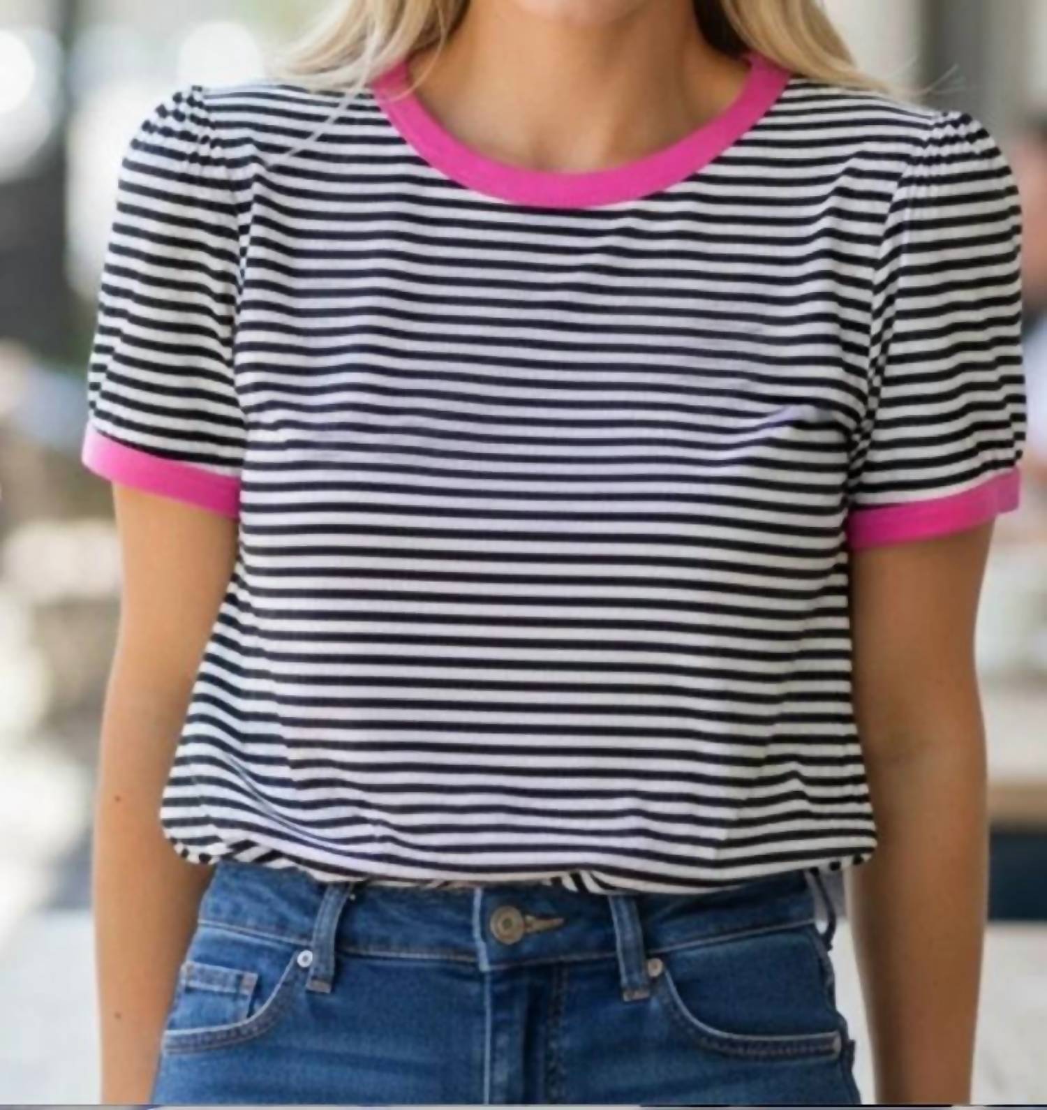Stacatto - Striped Knit Puff Half Sleeve Top
