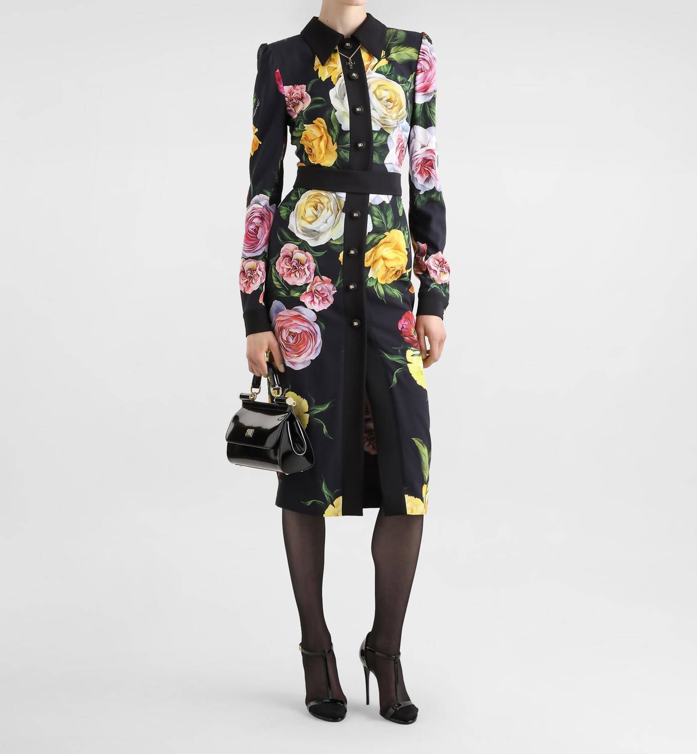 Dolce & Gabbana Women's Floral Cady Shirt Dress in black peony and rose - women's dress - detail view