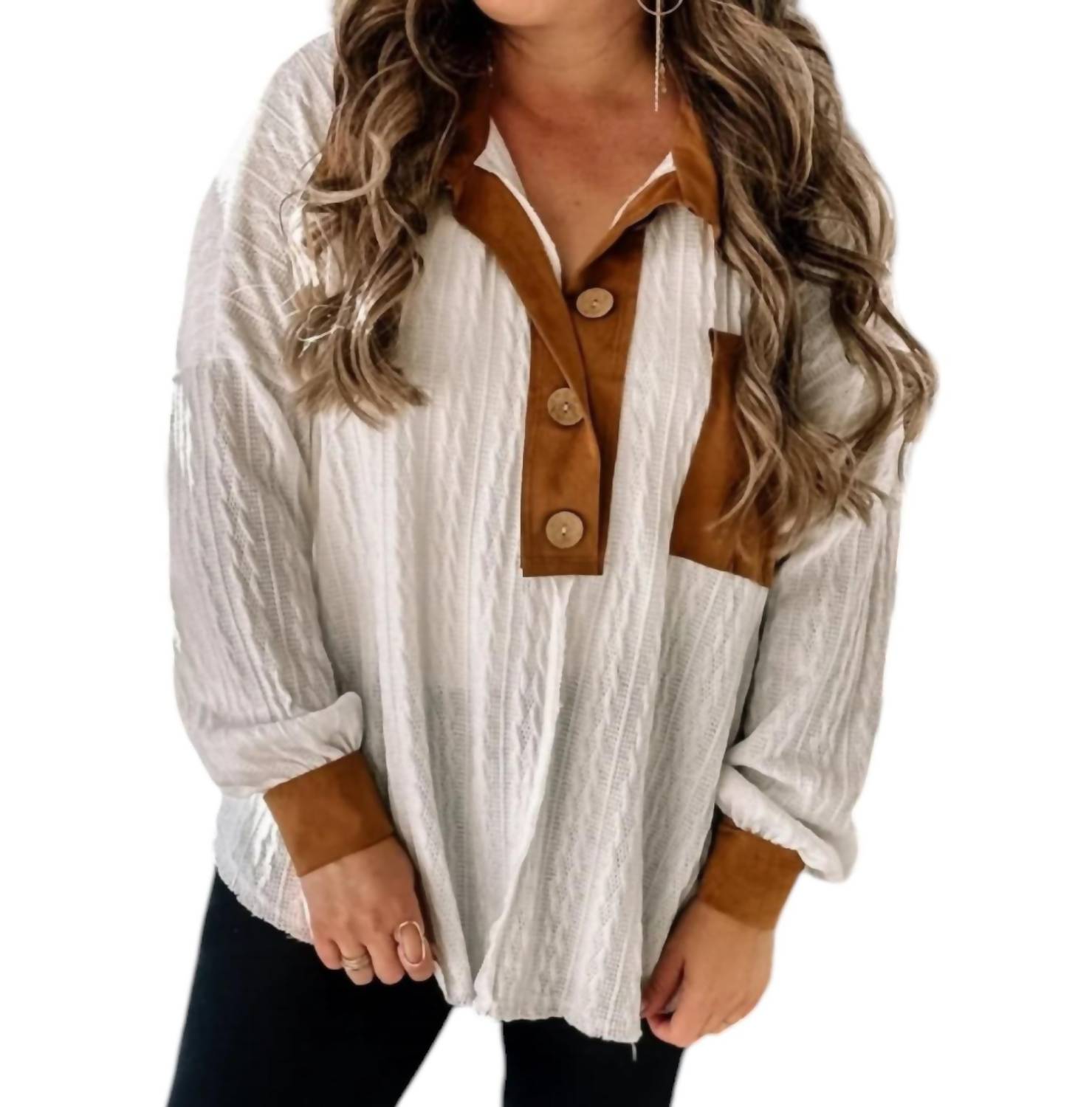 Blue Buttercup Contrast Suede Top in tan white - women's long sleeve top