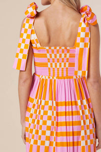 Amaryllis - Boho Gingham Tied Straps Smocked Maxi Dress