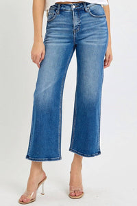 Risen - Tummy Control Elastic Band Mid-rise Crop Wide Leg Jeans