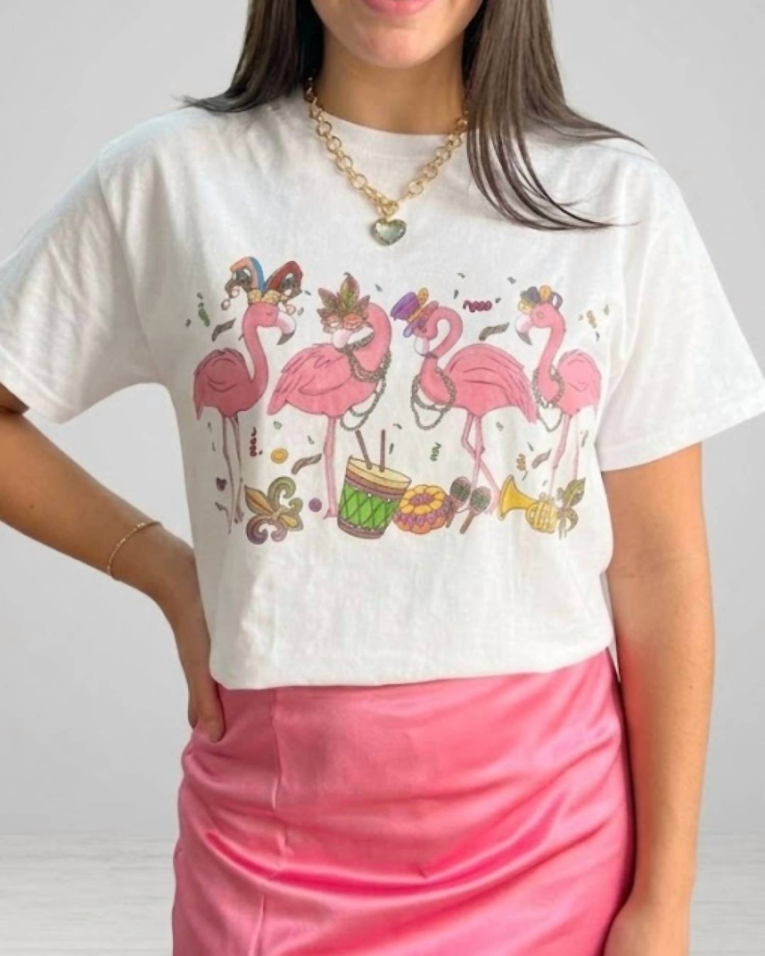SONDO DESIGN Mardi Gras Flamingo Shirt in white multi - women's t-shirt