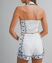 Mable - Ava Paisley Embroidery Halter Top