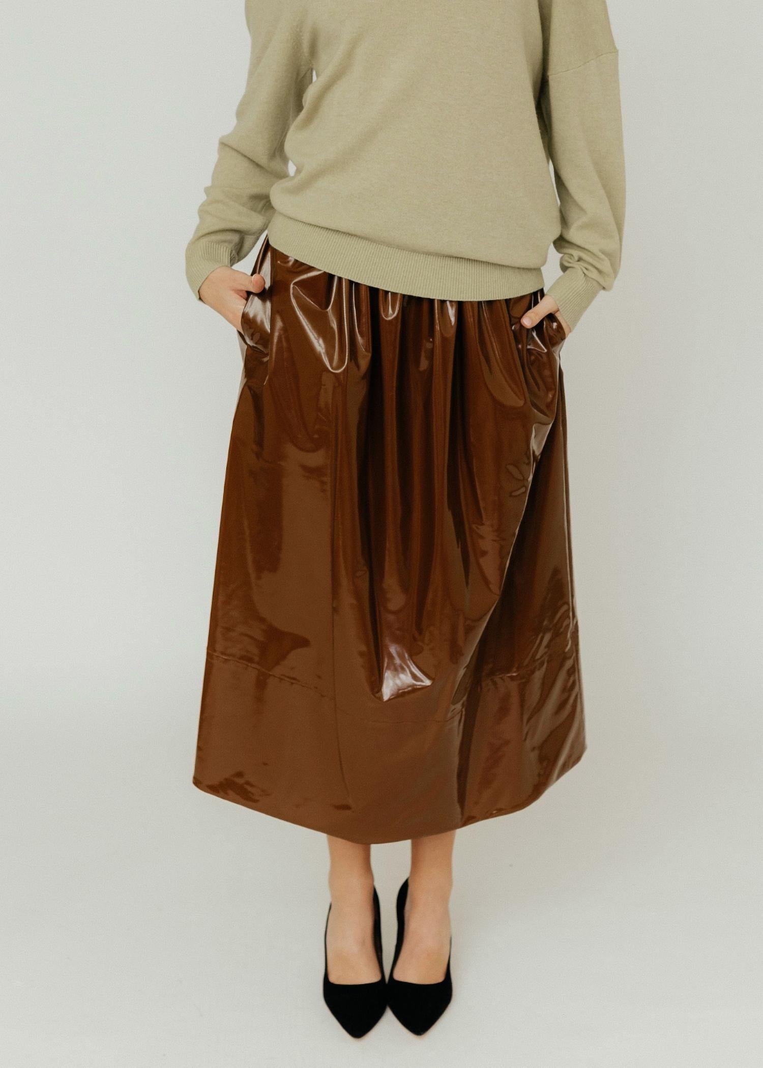 Tibi - Light Weight Patent Smocking Waistband Full Midi Skirt
