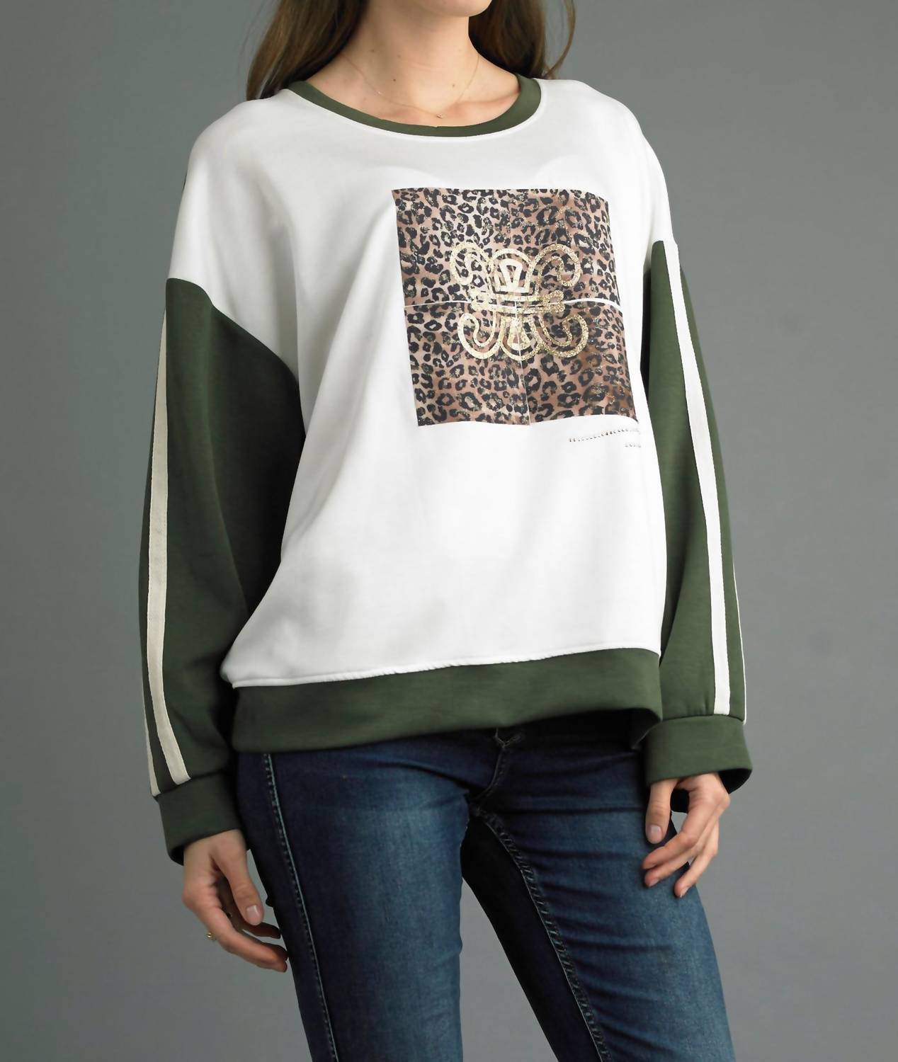 TEMPO PARIS Animal Print Sweatshirt in olive - women's top - alternate view