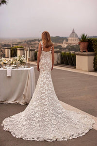 Sherri Hill Lace Appliques Two Strap Wedding Gown in ivory nude - women's dress - detail view