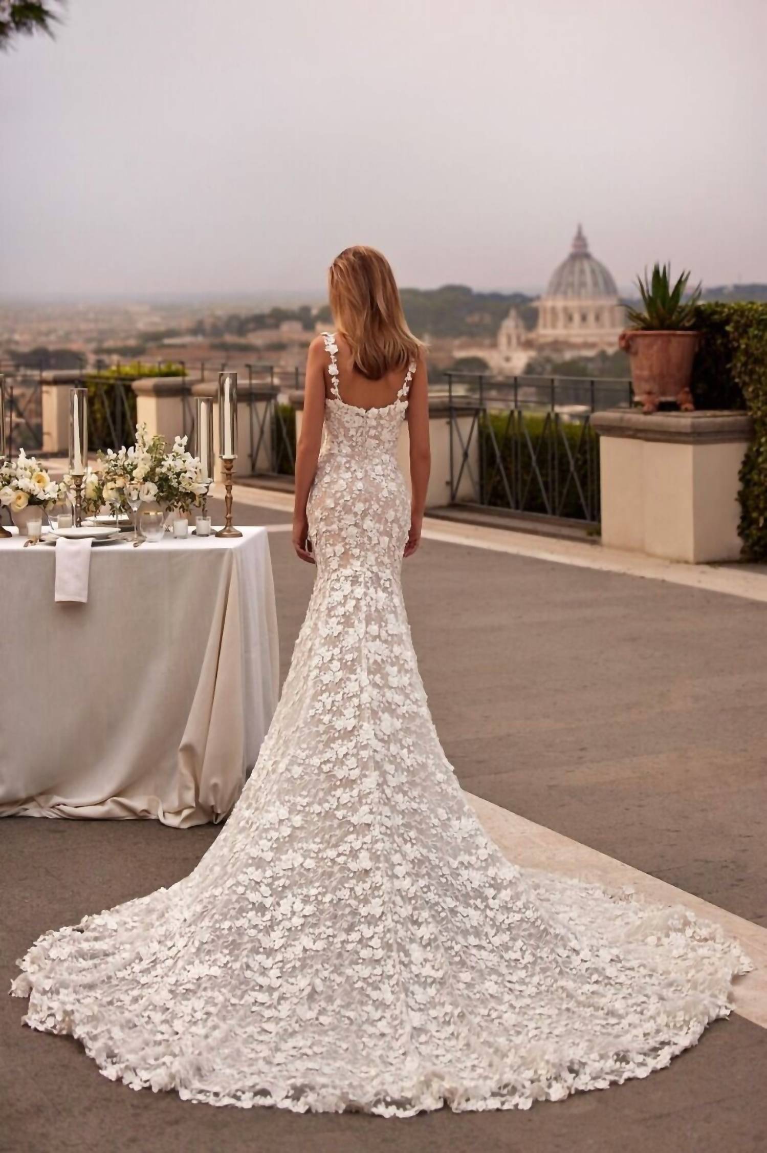 Sherri Hill Lace Appliques Two Strap Wedding Gown in ivory nude - women's dress - detail view