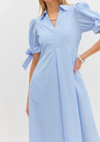 Entro - Pinstriped Puff Sleeve Midi Dress