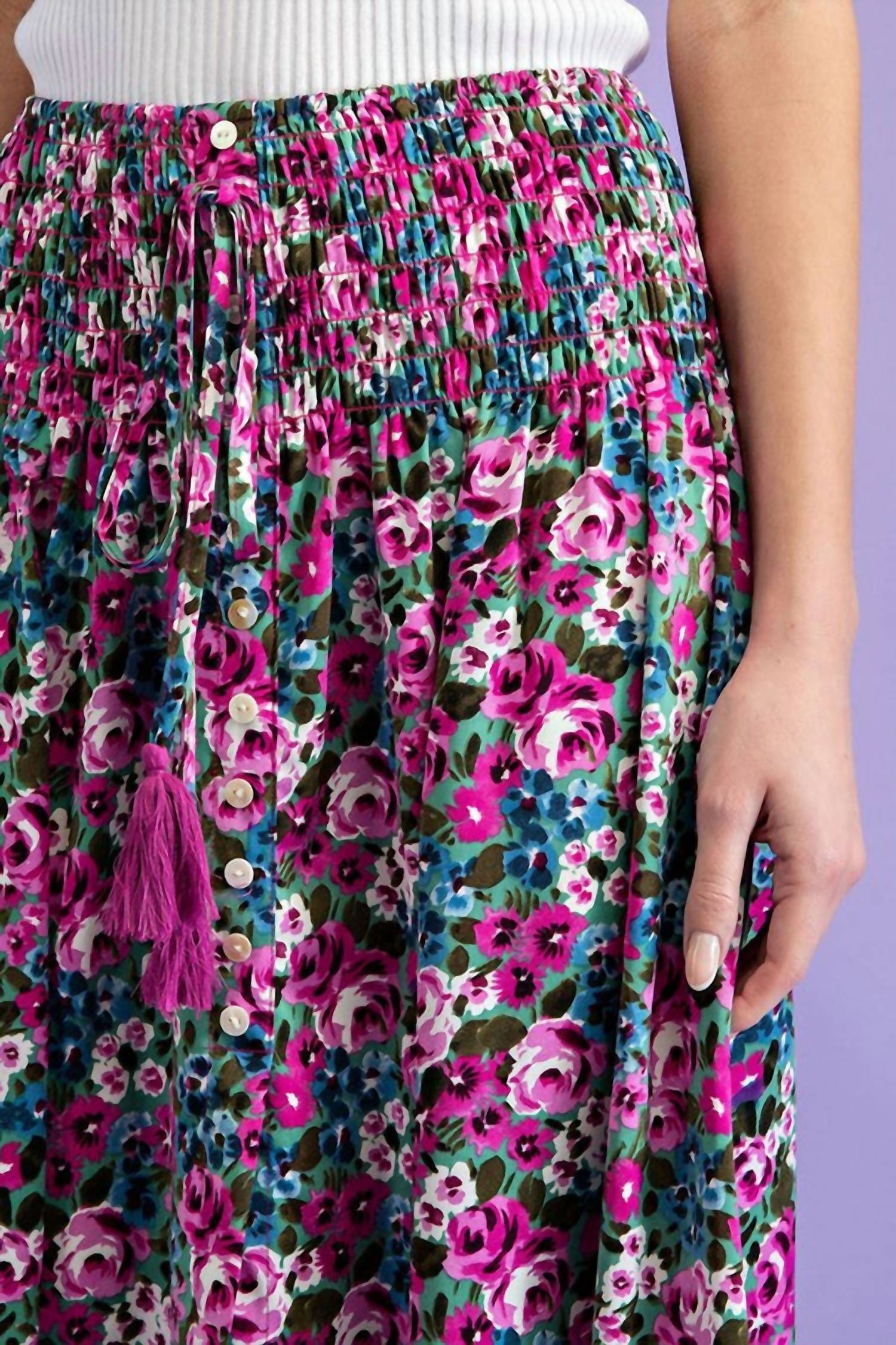 Ee:Some - Floral Maxi Skirt With Smocked Waist & Button Front