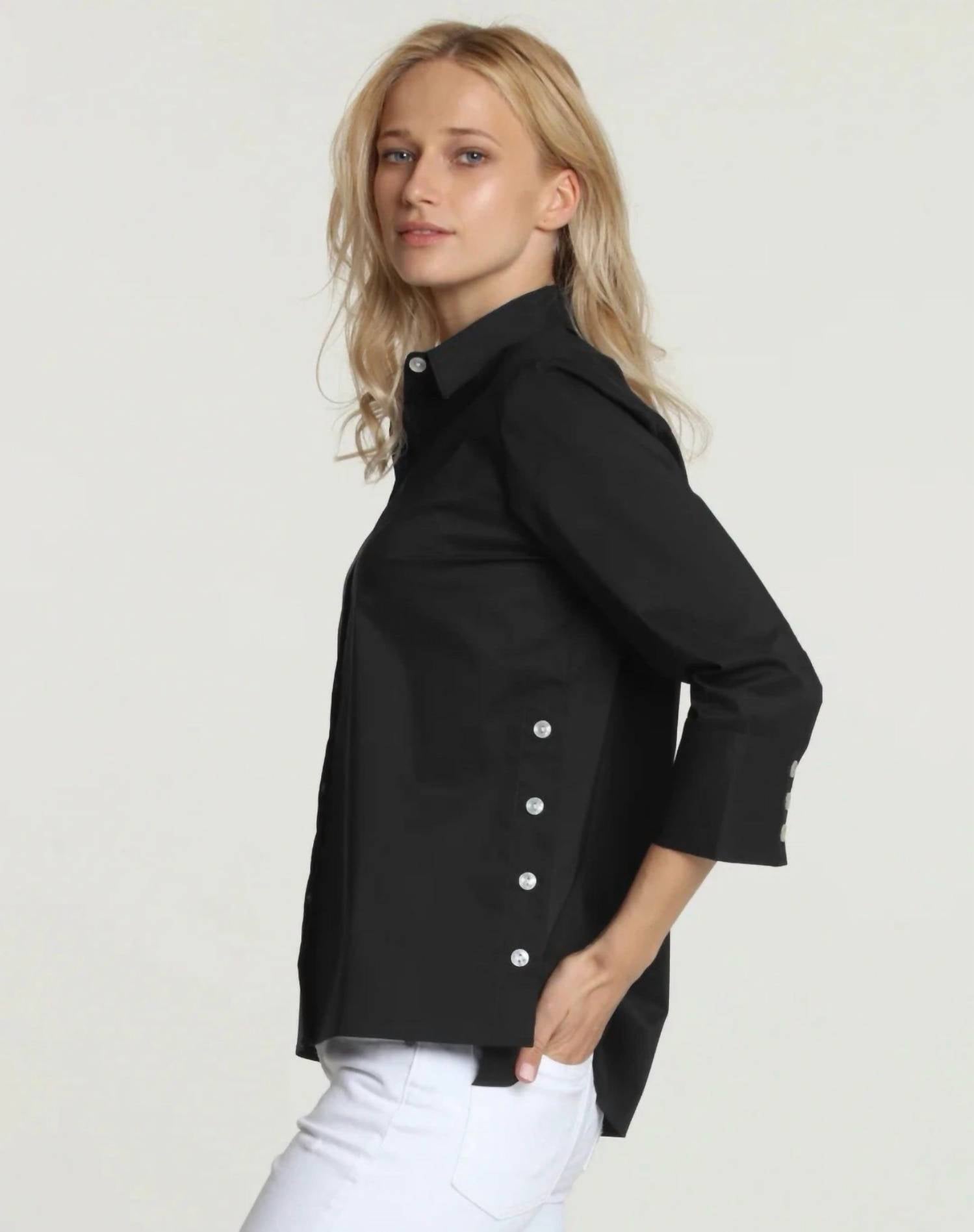 Hinson Wu Maxine 3/4 Sleeve Hi-low Side Button Shirt in black - women's blouse - alternate view