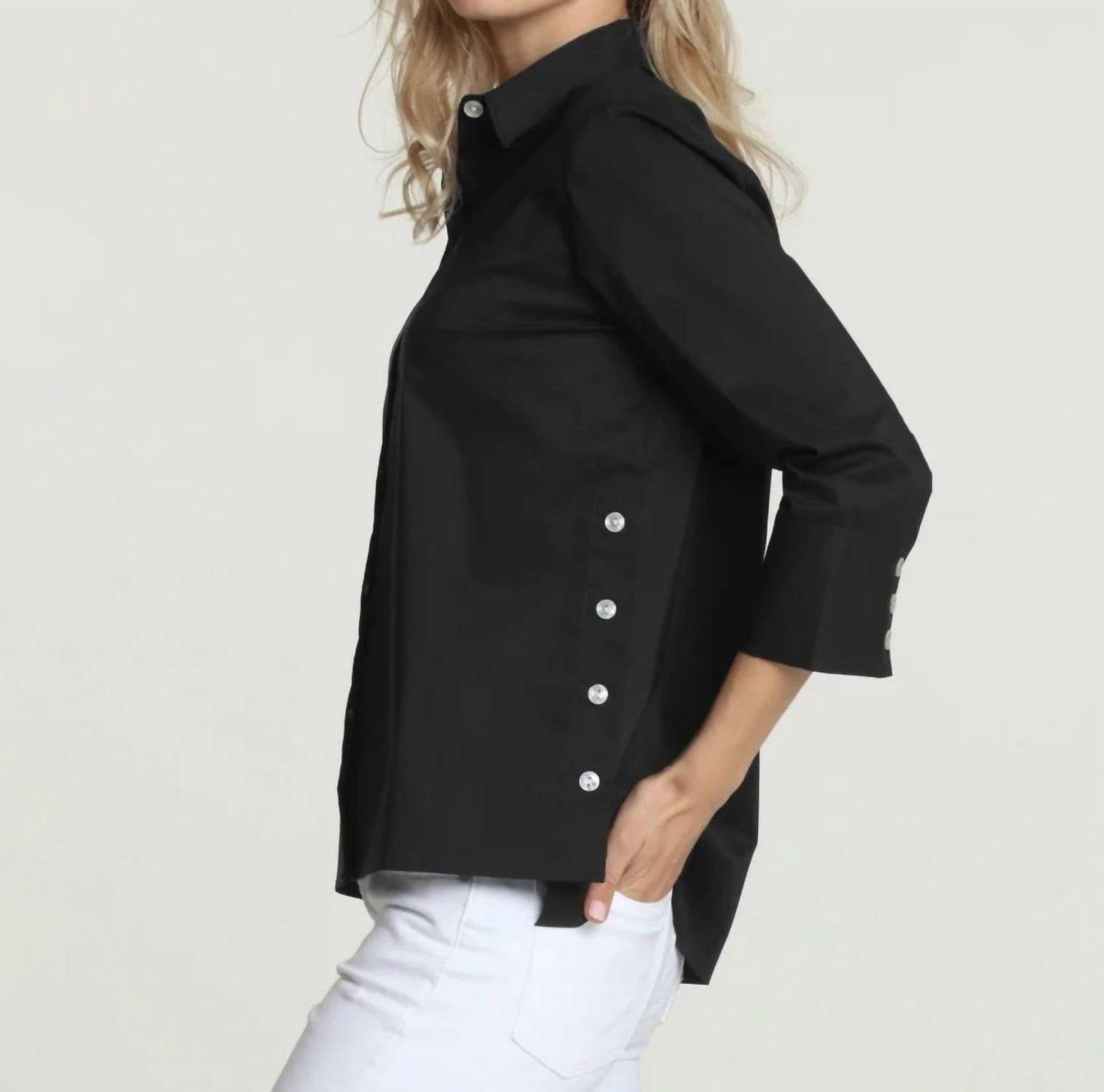 Hinson Wu Maxine 3/4 Sleeve Hi-low Side Button Shirt in black - women's blouse - detail view