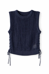 DELUC Lipari Sleeveless Knit Vest in blue - women's sweater - detail view