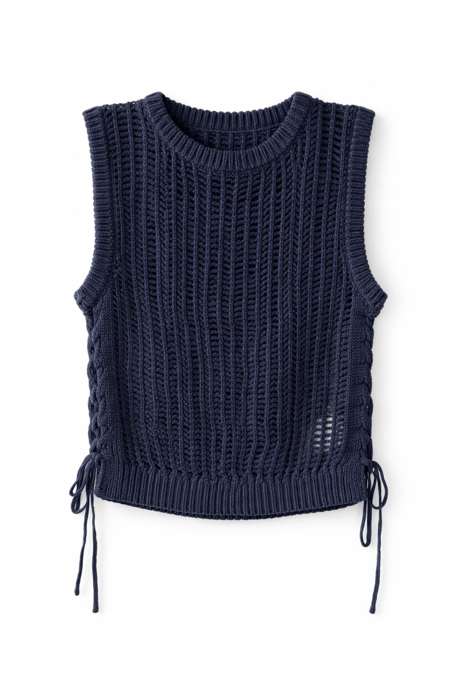 DELUC Lipari Sleeveless Knit Vest in blue - women's sweater - detail view